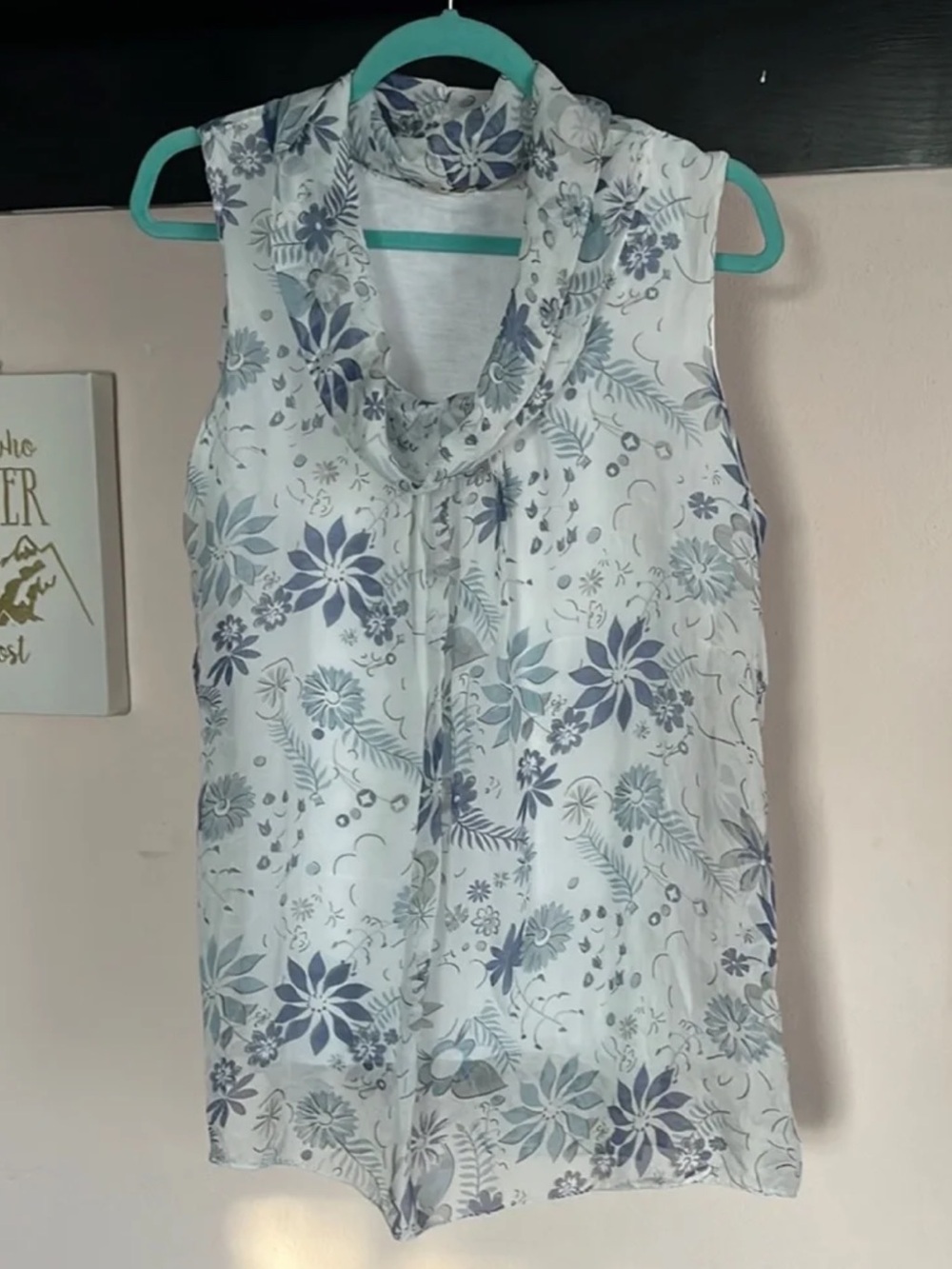 Sleeveless Floral Cowl Neck Camisole - Blue on White